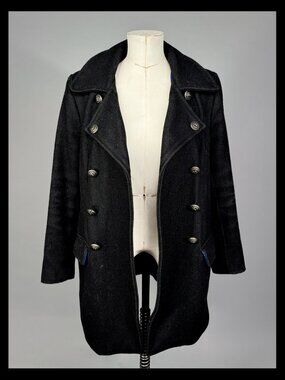 Straight to Hell "Royal" Black Wool Peacoat Lion Buttons Blue Satin Lining